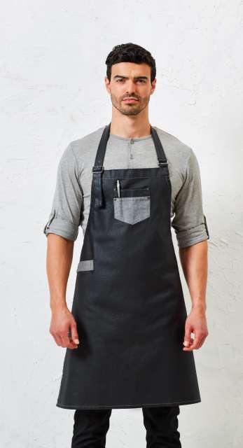 'Division' Waxed Look Denim Bib Apron With Faux Leather